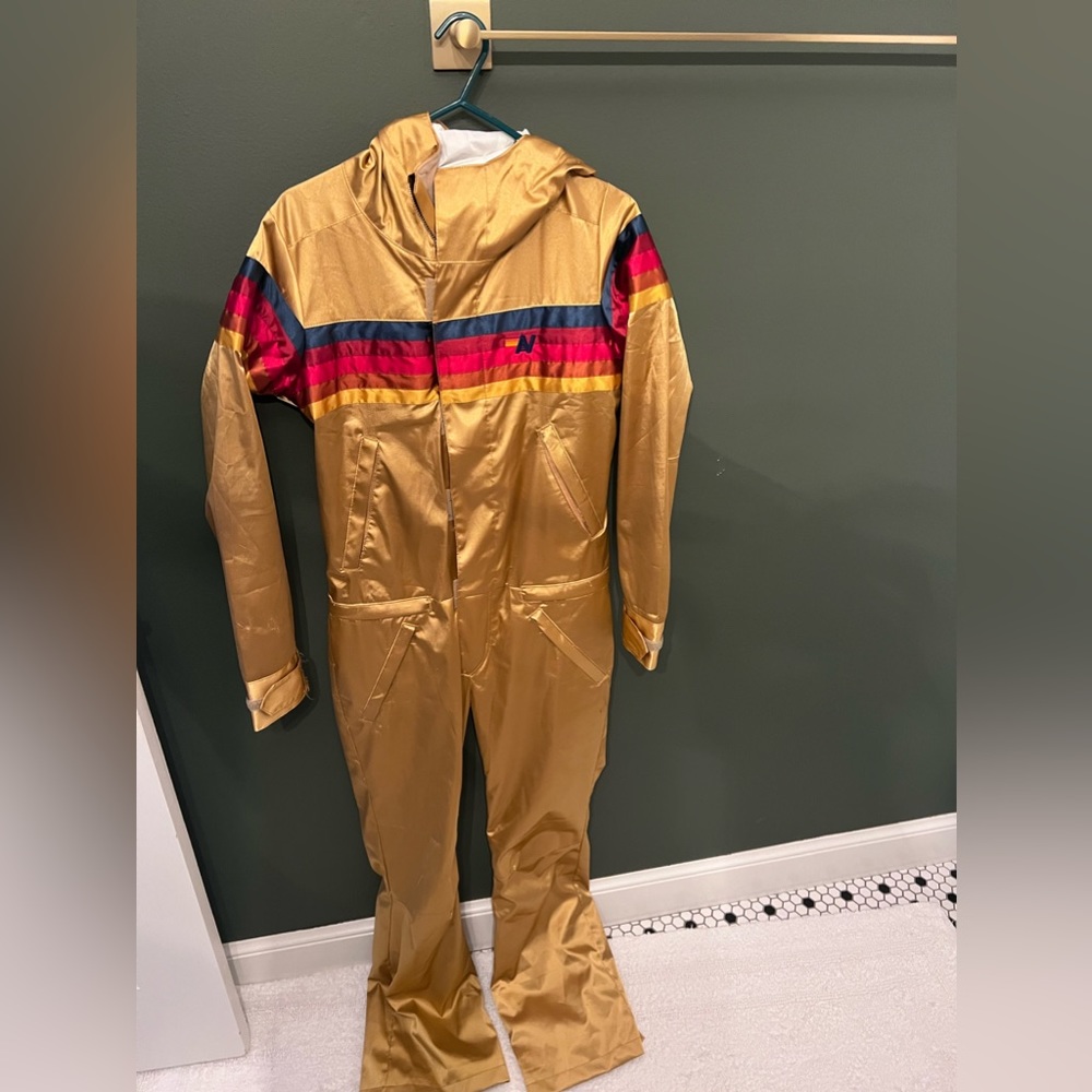 Women’s five stripe satin powder, suit, champagne, size small